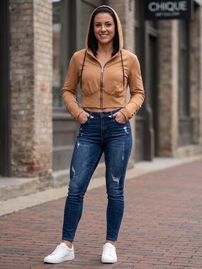 CHICME Cropped Hooded Zip Jacket in Tan — Women's Slim Fit Size L. Black Accents